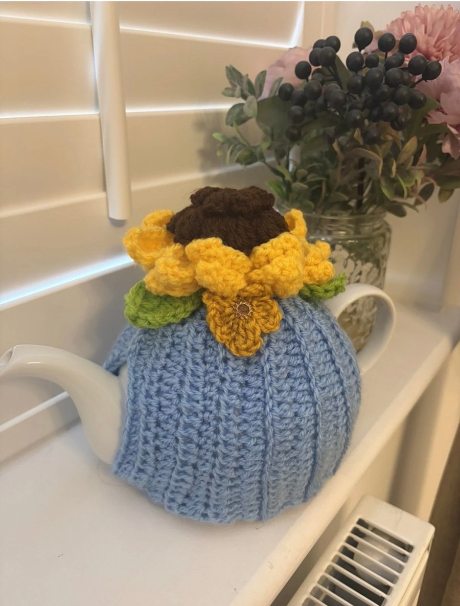 Handmade knitted tea cosy crochet flowers 