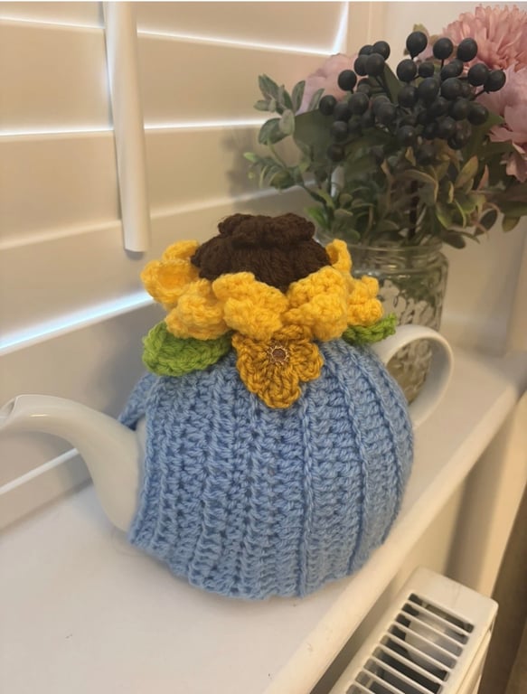 Handmade knitted tea cosy crochet flowers 