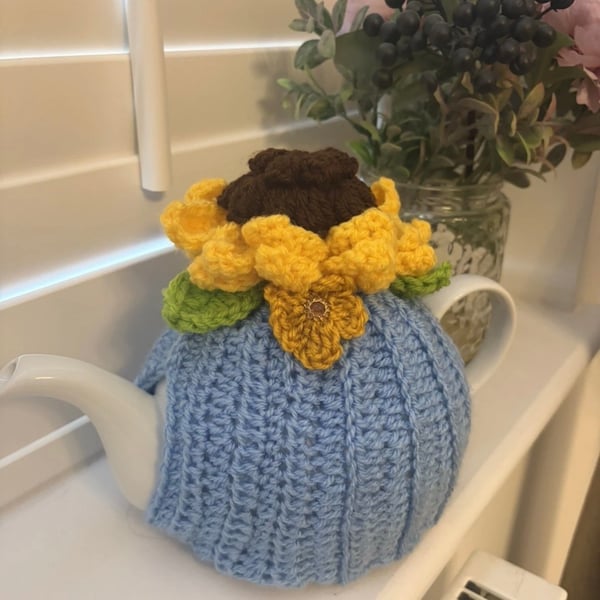 Handmade knitted tea cosy crochet flowers 