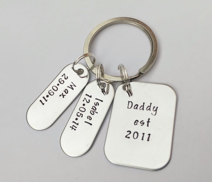 Daddy Est hand stamped personalised keyring with name and date tags 