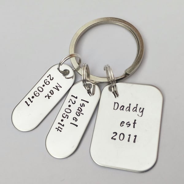 Daddy Est hand stamped personalised keyring with name and date tags 