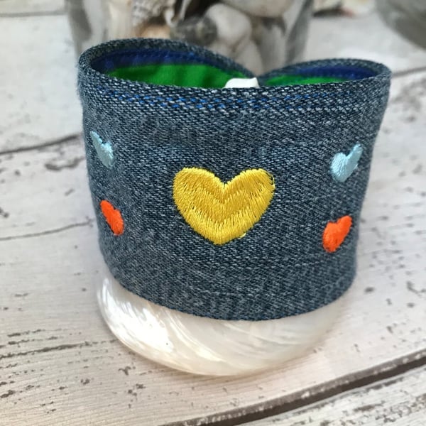 Embroidered denim cuff bracelet with hearts