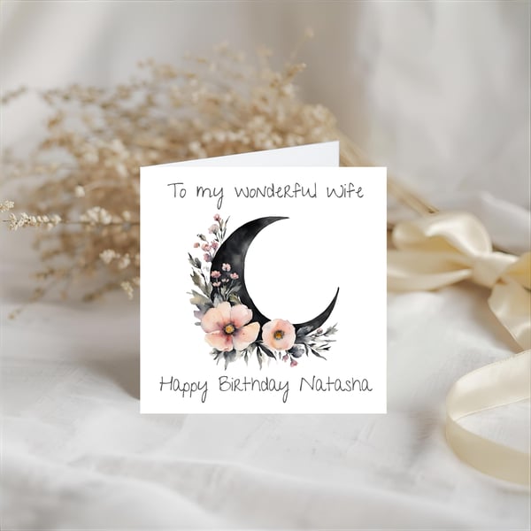 Boho floral moon personalised birthday card