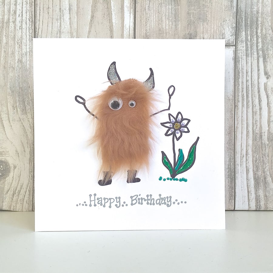Birthday card for gardeners - garden flower loving mini monster in wellies