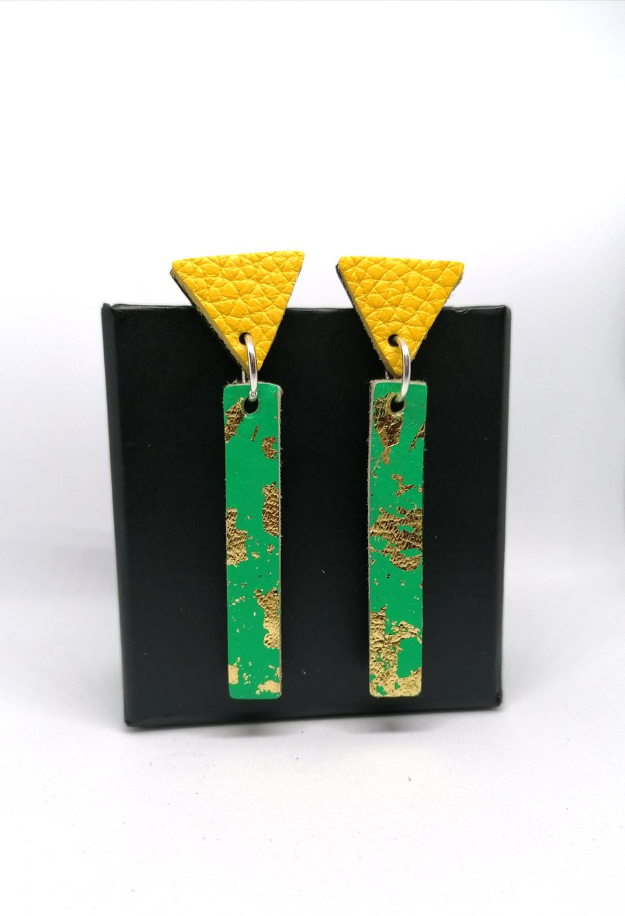 Colour Drop Bar Leather Earrings - Emerald, Gold leaf & Yellow