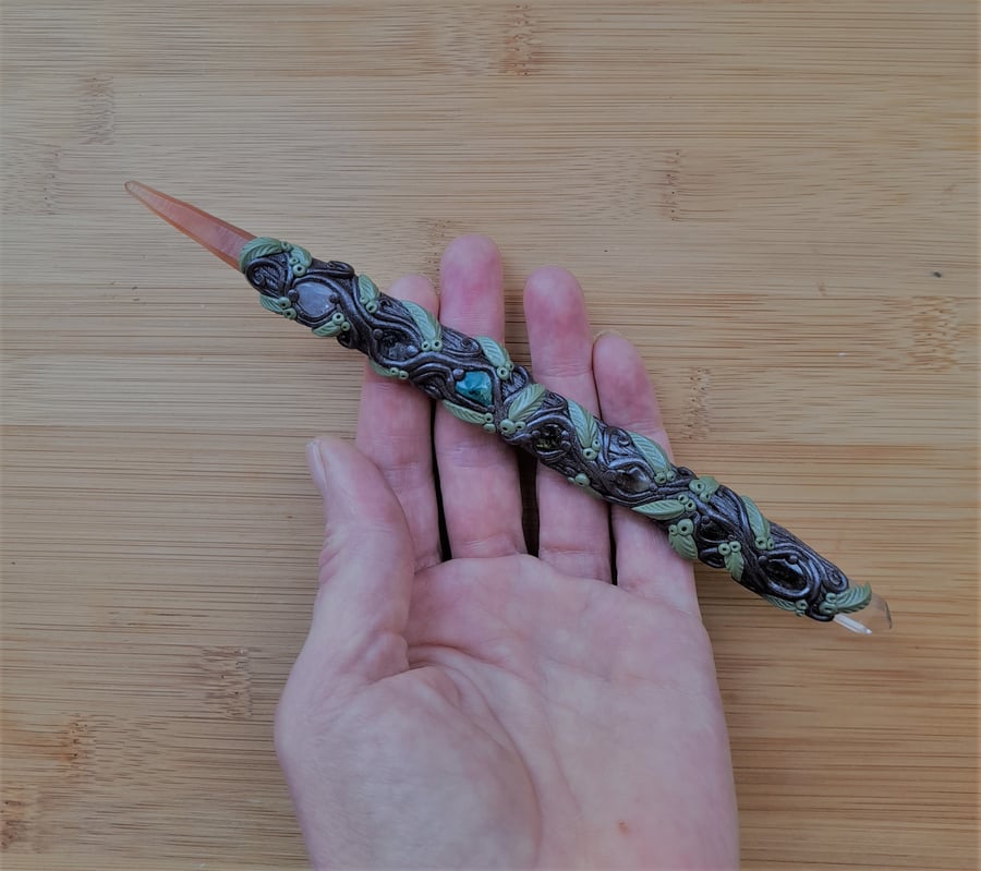 Rare Amphibole Papaya with Clear Quartz Crystal and Polymer Clay Woodland Wand