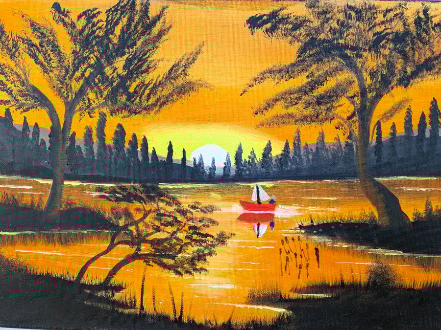 Original Oil Painting, Sunset silhouette.Boat on Loch Toftingall