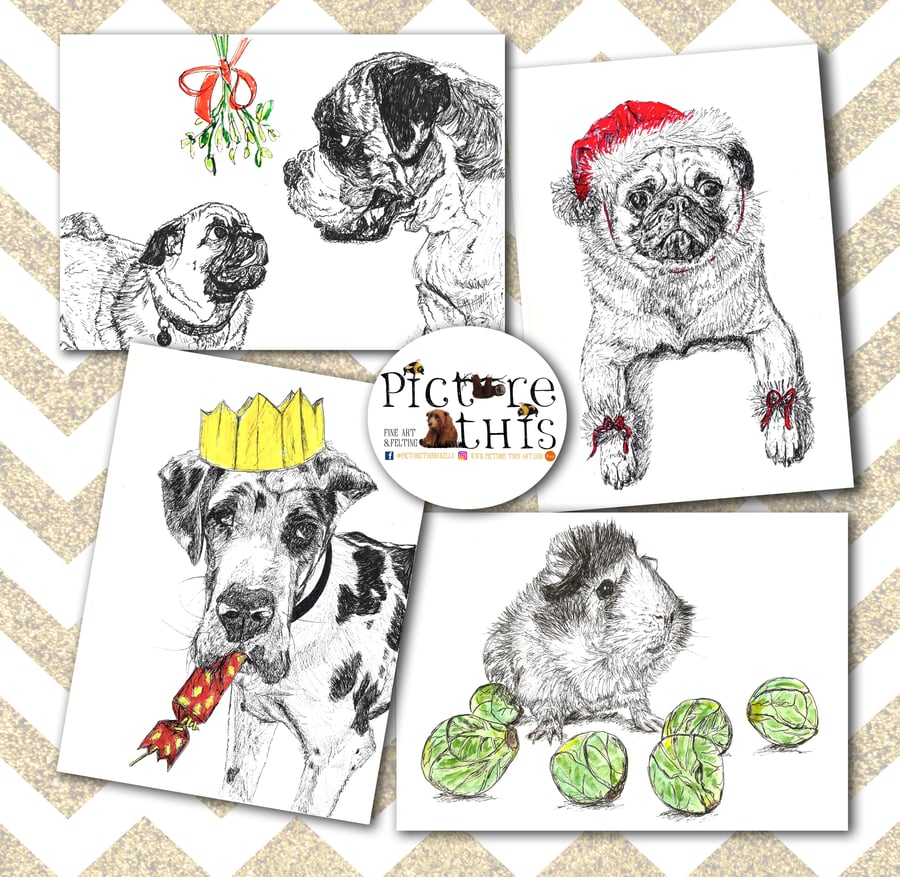 Pack of 4 Illustrated Animal Christmas Cards A6 Dogs guinea pig Funny Cute