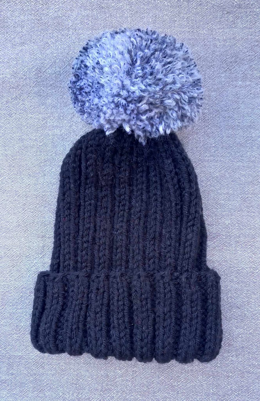 Adult bobble hat, black with hand sewn chunky bobble