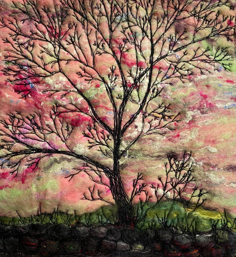 Tree silhouette with sunrise, original wet felting artwork.