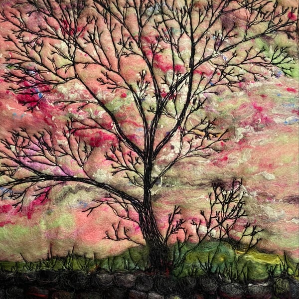 Tree silhouette with sunrise, original wet felting artwork.