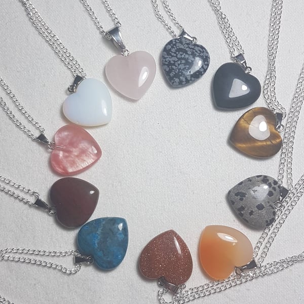 Natural Gemstone Heart Pendant – Turquoise, Rose Quartz, Moonstone & More