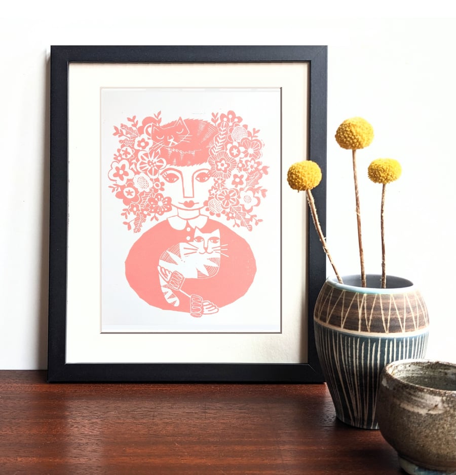 Mad catlady in pink - Original Lino Print