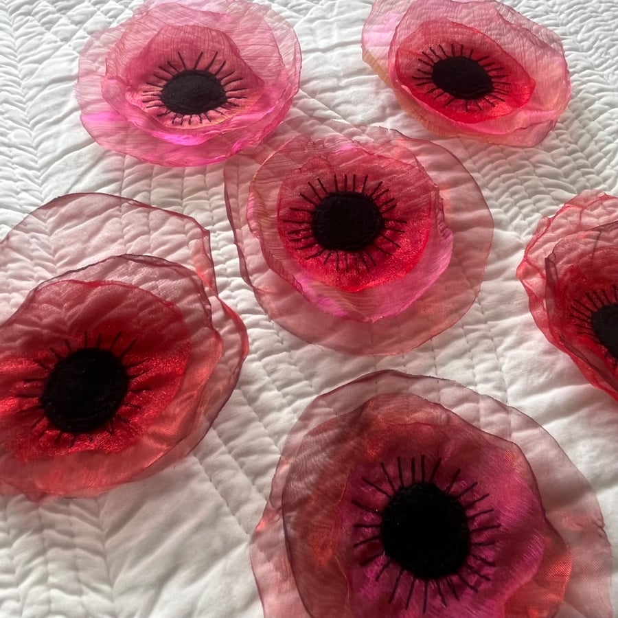 Six Organza Embroidered Poppies Poppy Flower Embellishments 