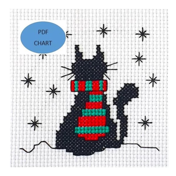 Christmas Cat in a scarf cross stitch Chart (Digital Download PDF) 