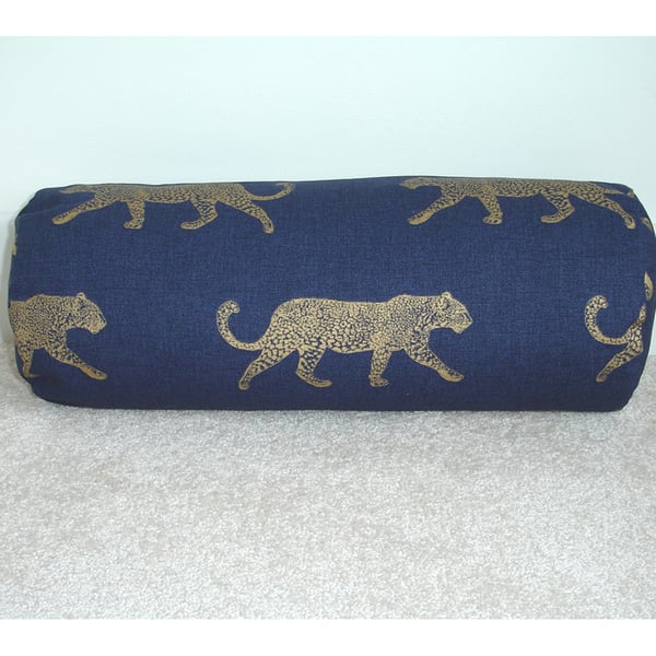 Gold Leopard Bolster Cushion COVER ONLY Round Cylinder Neck Roll 6x16 Navy Blue
