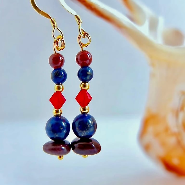Garnet, Lapis Lazuli & Crystal Earrings, Birthday, Anniversary, Gifts For Her