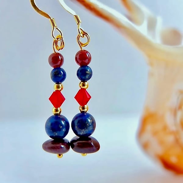 Garnet, Lapis Lazuli & Crystal Earrings, Birthday, Anniversary, Gifts For Her