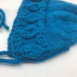 Teal baby bonnet, hand knitted