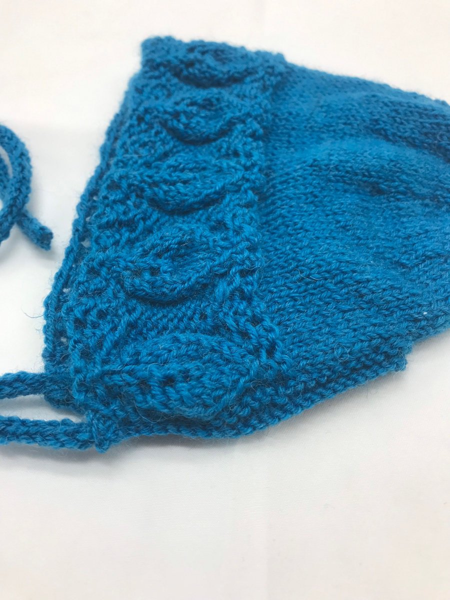 Teal baby bonnet, hand knitted