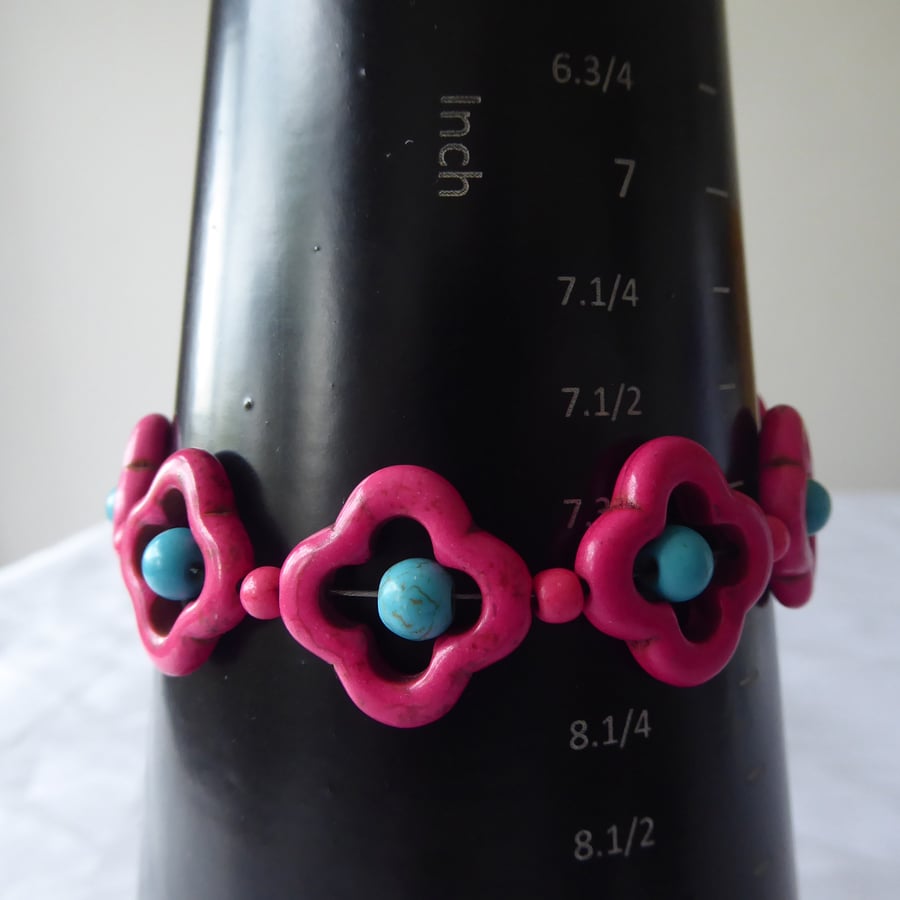 Dyed Turquoise Flower Bracelet Pink - Adjustable up to 8 inches