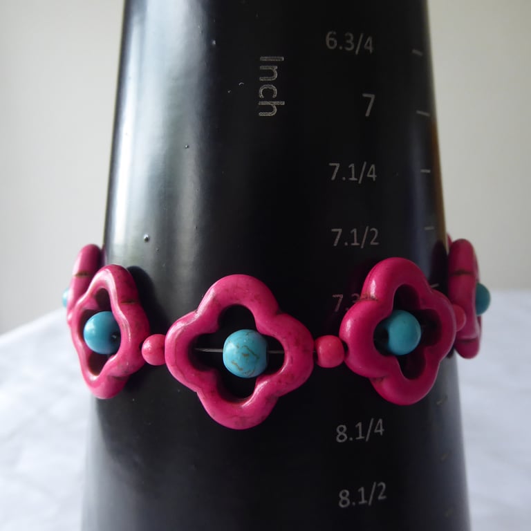 Dyed Turquoise Flower Bracelet Pink - Adjustable up to 8 inches