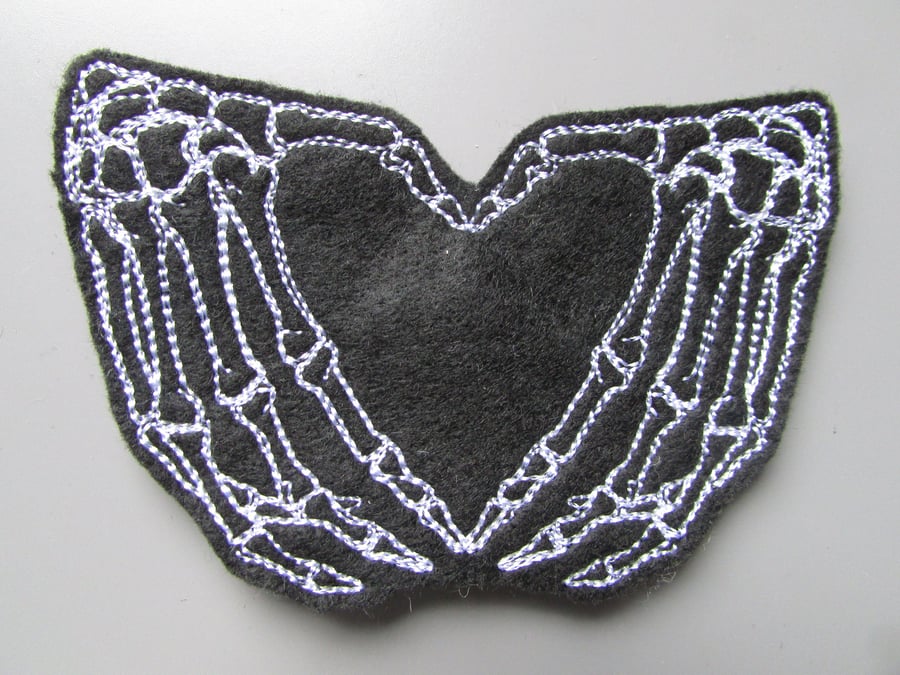 Skeleton Hands with Heart Embroidered Sew on Applique Patch