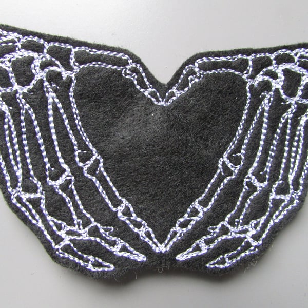 Skeleton Hands with Heart Embroidered Sew on Applique Patch