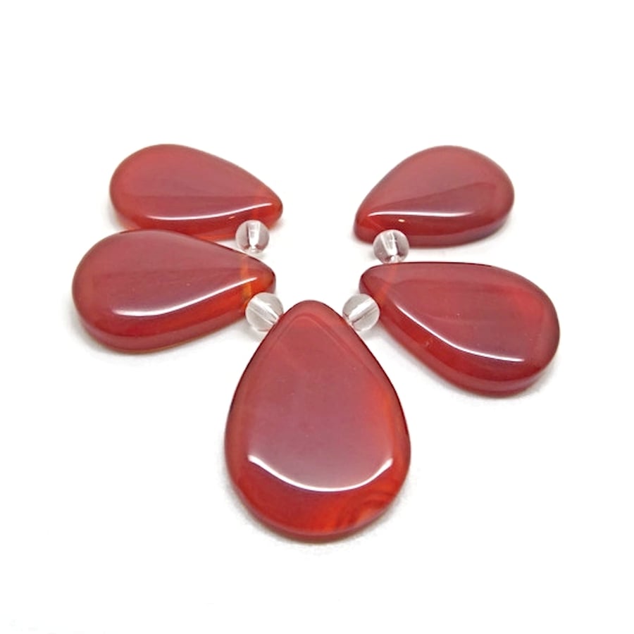 Agate Teardrop Pendant Set, 5pcs Orange Dyed Banded Agate, 4 Small 1 Large