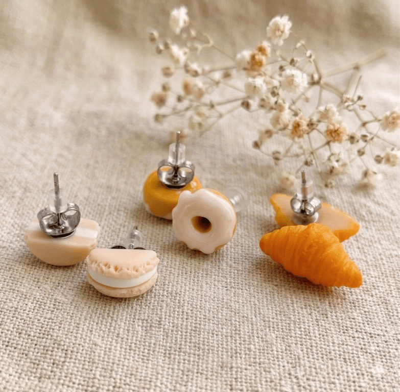Miniature Food Earring Set - 3 Pairs of Tiny Macaron Donut Croissant Studs