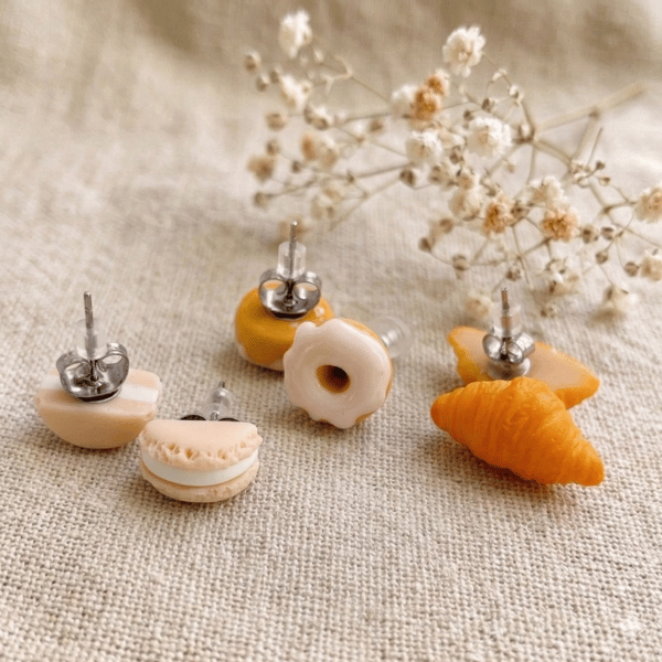 Miniature Food Earring Set - 3 Pairs of Tiny Macaron Donut Croissant Studs