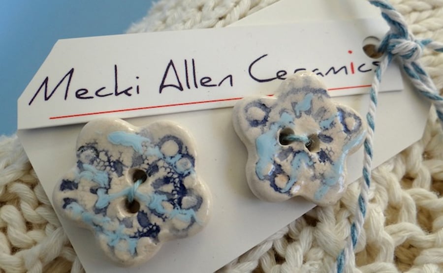 Ceramic Petal-Shaped Buttons in Blues and Cream - Handmade Pottery