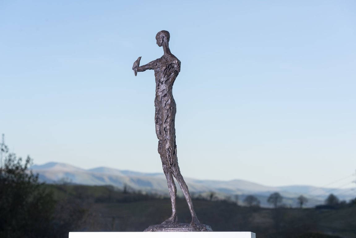 Communion, Girl Speaking to Bird Statue Bronze Resin Sculpture