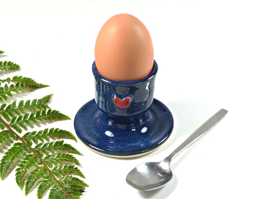 Rich Blue Egg Cup& Red Heart-  Stoneware Ceramic Pottery Wheelthrown Handmade 
