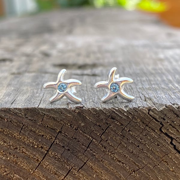 Starfish Stud Earrings Featuring Aquamarine Crystal. Sterling Silver Studs. 