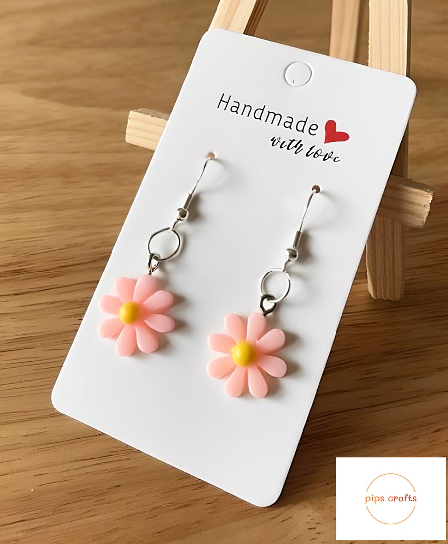 Cute Daisy Earrings - Light Pink & Yellow, 925 Silver Hooks, Flower Jewellery