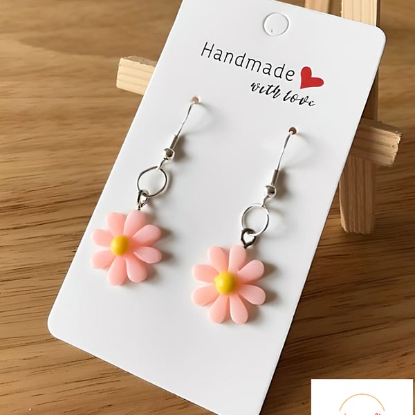 Cute Daisy Earrings - Light Pink & Yellow, 925 Silver Hooks, Flower Jewellery