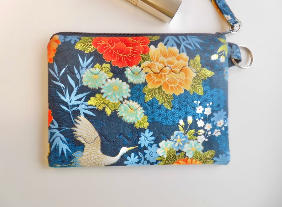 Make up purse floral print Japanese theme midnight blue