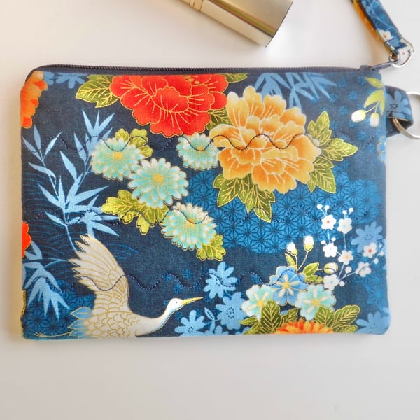 Make up purse floral print Japanese theme midnight blue