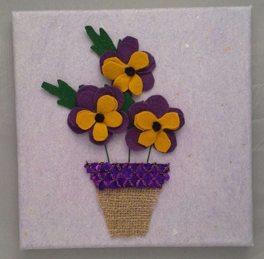 Felt Pansies on canvas picture