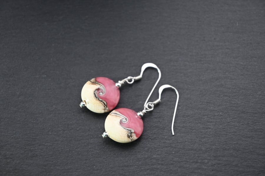 pink and ivory lampwork glass earrings