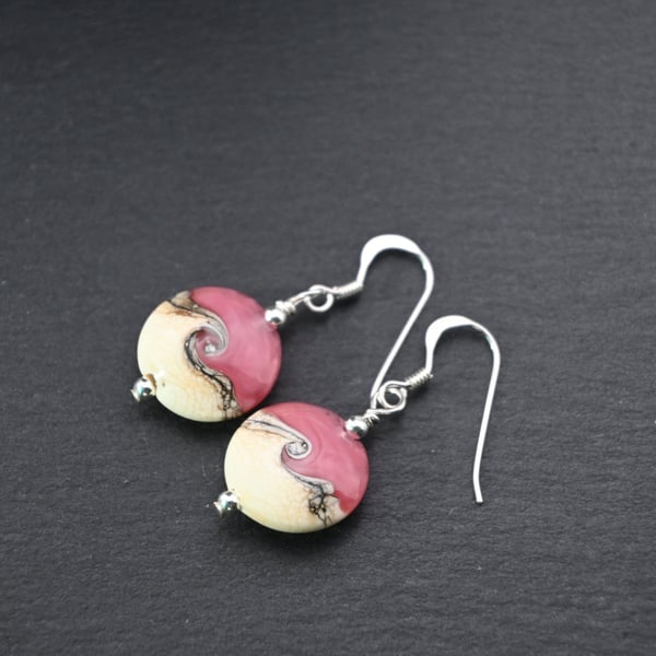 pink and ivory lampwork glass earrings