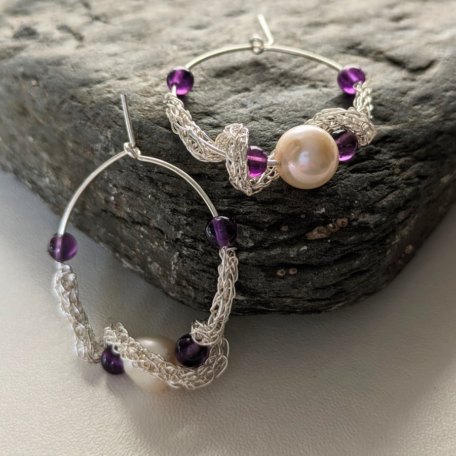 Amethyst and Freshwater Pearl Woven Silver Hoop Earrings