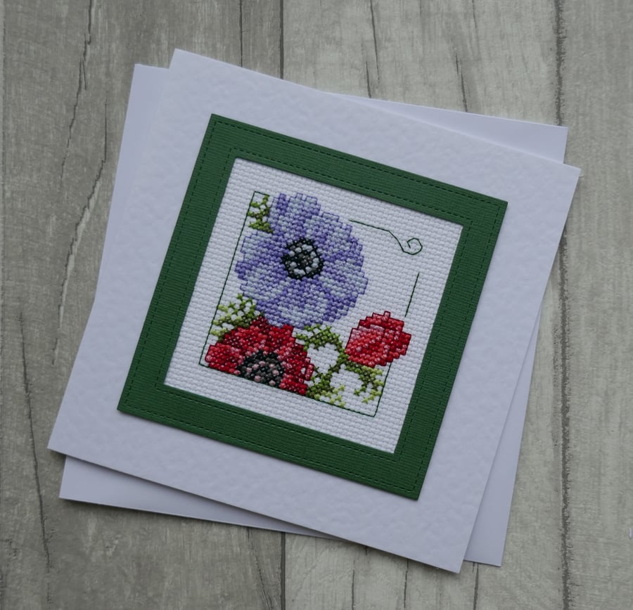Red and Lilac Cross Stitch Anemones - Blank Greetings Card 