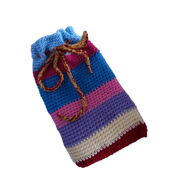 Random Stripes Hot Water Bottle Cover, Crocheted Cosy Holder, Drawstring Closure