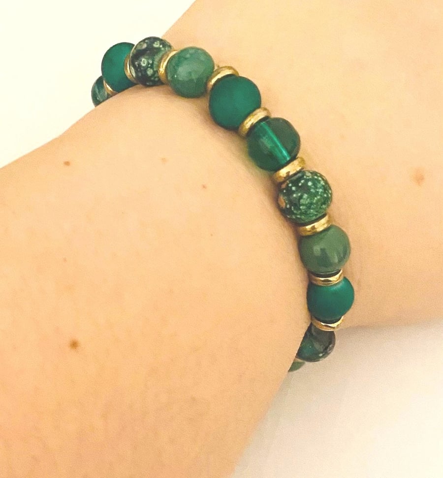 One of a Kind Glass Bead Bracelet Emerald Tide Handmade Stretch Bracelet Isola C