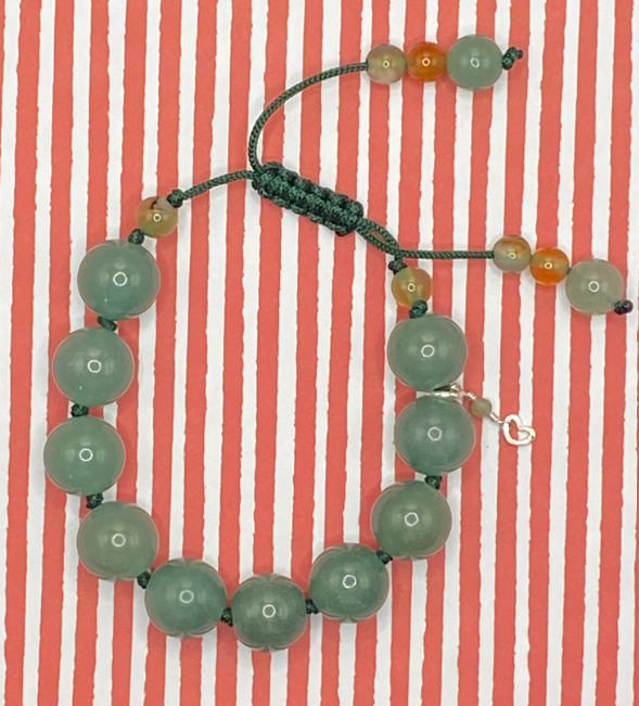 Macrame cord bracelet with green aventurine and orange agate stones