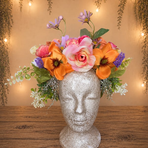 Orange Pink Flower Crown Handmade Festival Headpiece Floral Crown