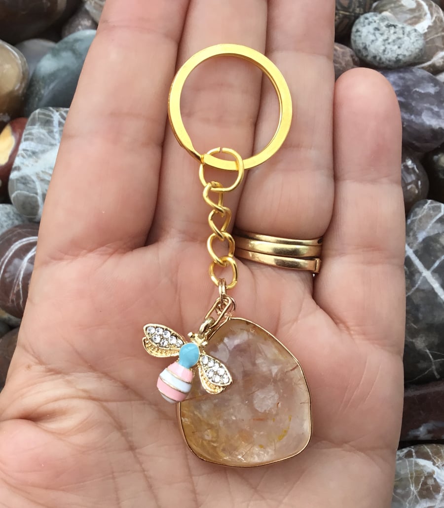 Honey Pot!  Golden Rutilated Quartz Gemstone & Bee Keyring or Handbag Charm 