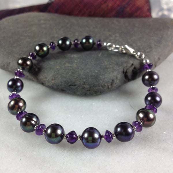 Silver ,peacock pearl and amethyst bracelet